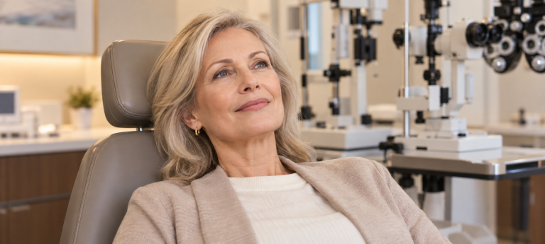 Patient reclining in an ophthalmology examination room